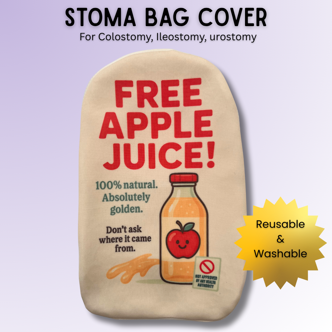 Humorous Free Apple Juice stoma bag cover for most colostomy, ileostomy & urostomy bags.