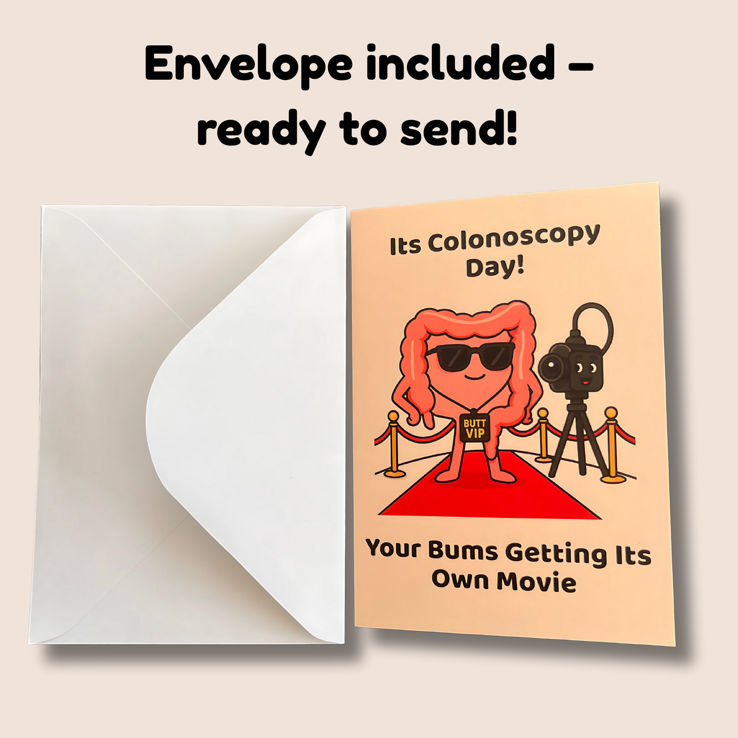 Funny Colonoscopy Card – “It’s Colonoscopy Day! Your Bum’s Getting Its Own Movie” | Humorous Surgery Greeting Card