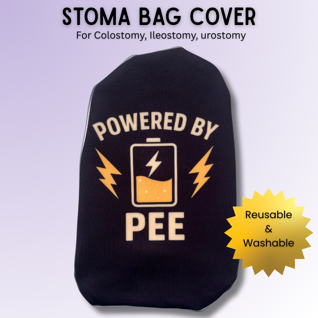 Bold Powered By Pee stoma bag cover for most colostomy, ileostomy & urostomy bags.