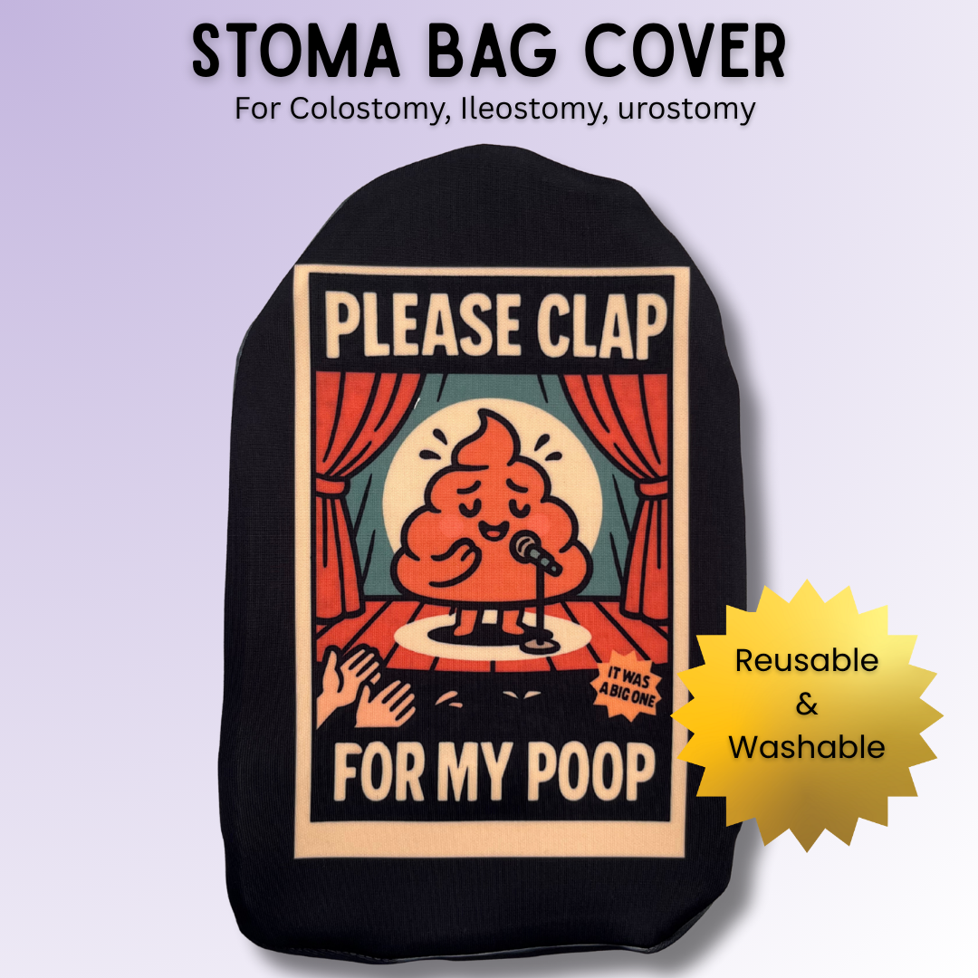 Comedy stage poop character stoma bag cover for most colostomy, ileostomy & urostomy bags – Please Clap for My Poop.