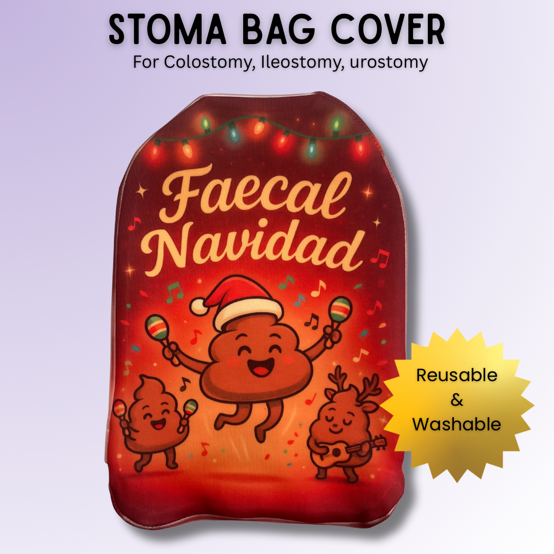 Faecal Navidad funny Christmas stoma bag cover with bright red festive design – humorous ostomy cover for the holidays.