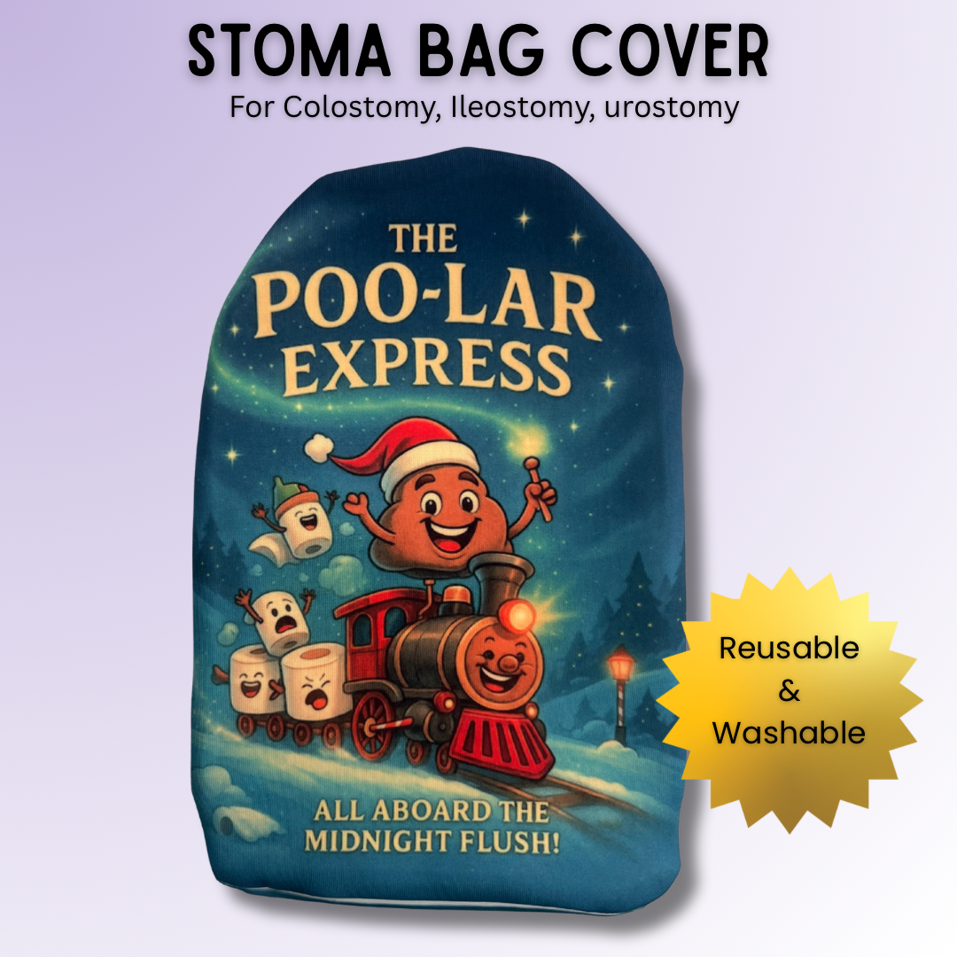 The Poo-lar Express stoma bag cover with festive train and Christmas theme – funny holiday ostomy bag cover design.