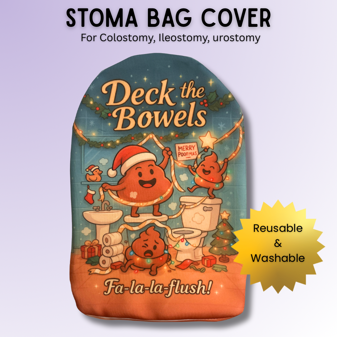 Deck the Bowels stoma bag cover with cheeky festive design – funny Christmas ostomy cover gift.