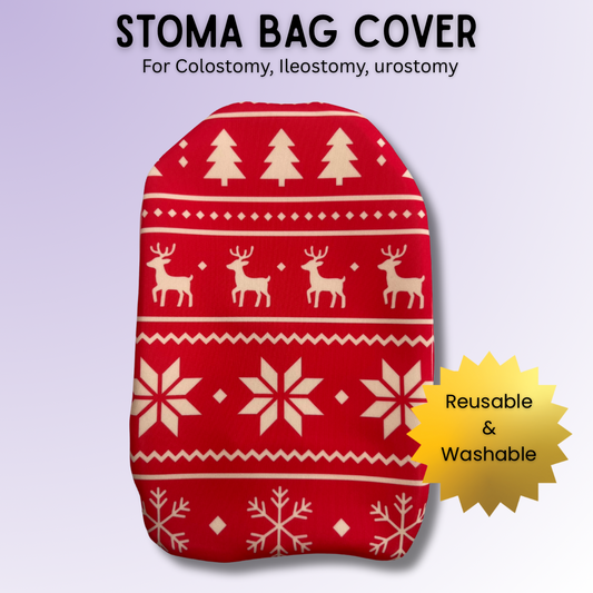 Classic Christmas Fair Isle stoma bag cover in red with snowflake pattern – traditional festive ostomy cover.