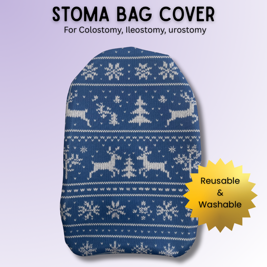 Blue Nordic Frost stoma bag cover featuring Fair Isle snowflake design – stylish and wintry Christmas ostomy cover.