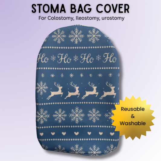 Ho Ho Ho Fair Isle stoma bag cover in blue with Christmas knit pattern – cozy festive ostomy cover design.