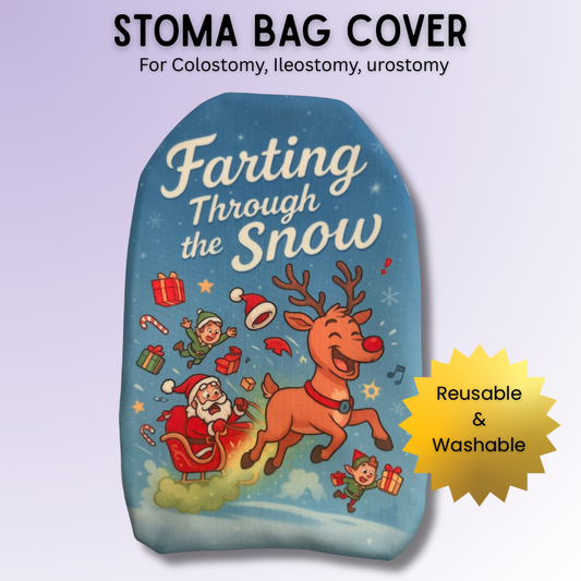 Farting Through the Snow funny stoma bag cover with festive winter background – humorous Christmas ostomy gift.
