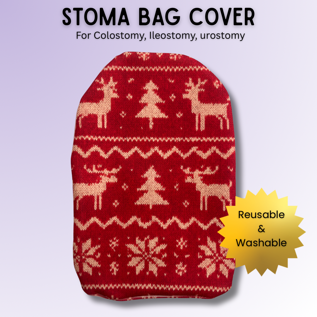 Red Nordic Knit stoma bag cover with traditional Fair Isle Christmas pattern – classic festive ostomy cover.