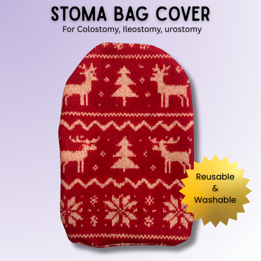 Red Nordic Knit stoma bag cover with traditional Fair Isle Christmas pattern – classic festive ostomy cover.
