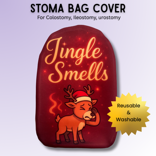 Jingle Smells funny stoma bag cover with red Christmas design – humorous festive ostomy cover gift idea.