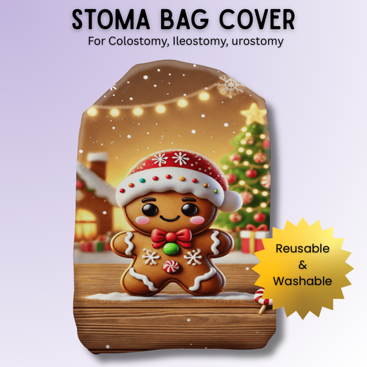 Gingerbread Man stoma bag cover featuring a cute cookie character – sweet festive Christmas ostomy bag cover.