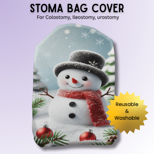 Cute Snowman stoma bag cover with smiling snowman and festive details – cozy winter ostomy cover for Christmas.