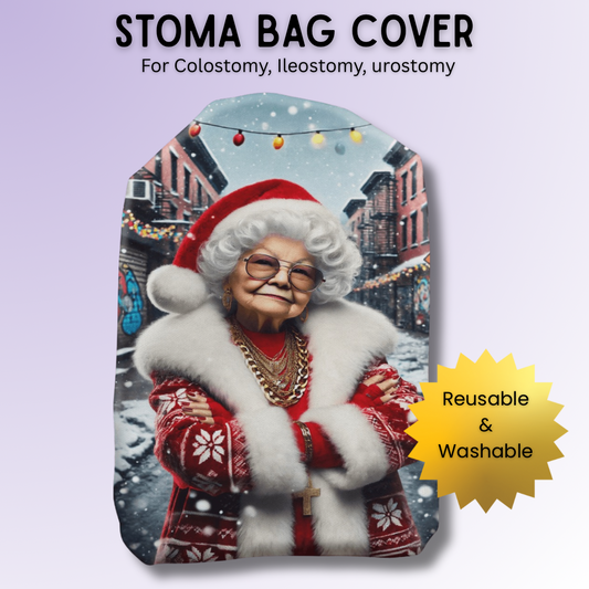 Gangsta Mrs Claus stoma bag cover with a cool and sassy Mrs Claus design – humorous festive ostomy cover gift.