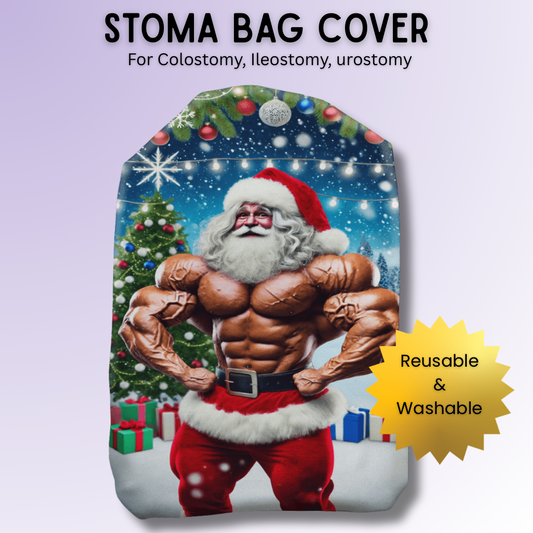 Muscle Santa stoma bag cover showing a strong Santa character lifting weights – funny Christmas ostomy cover for men.