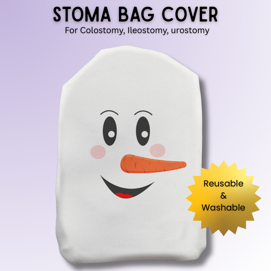 Snowman Face stoma bag cover featuring a smiling snowman design – simple and festive Christmas ostomy bag cover.