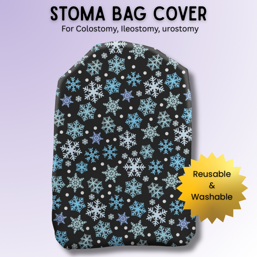 Elegant Snowflake Sparkle stoma bag cover with delicate snowflake pattern – stylish winter ostomy cover for Christmas season.