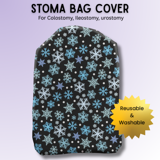 Elegant Snowflake Sparkle stoma bag cover with delicate snowflake pattern – stylish winter ostomy cover for Christmas season.