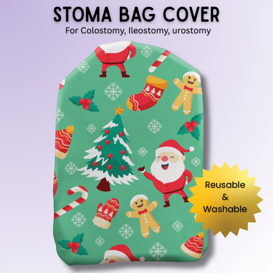 Festive Fun pattern stoma bag cover with Christmas trees, candy canes, and presents – cute and colourful holiday ostomy cover.