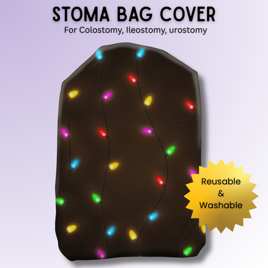 Christmas Lights stoma bag cover with glowing string lights design on a dark background – festive and cheerful ostomy cover.