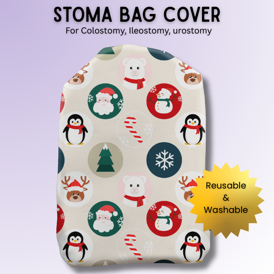 Festive Friends stoma bag cover featuring cute Christmas characters like penguins, reindeer, and snowmen – colourful holiday ostomy cover.