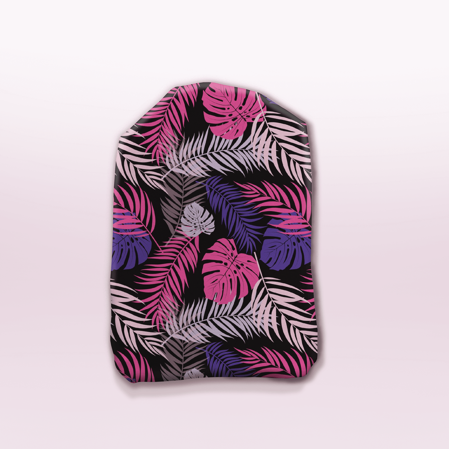 Tropical Leaves stoma bag cover with bold pink and purple jungle leaf print – vibrant and exotic stoma pouch cover for ostomy users.