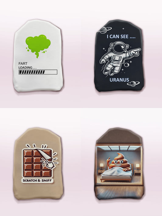 Four funny stoma bag covers by Stoma Styles featuring humorous designs: a fart loading bar, an astronaut with 'I Can See Uranus' text, a scratch-and-sniff chocolate bar, and a cartoon character on a toilet.