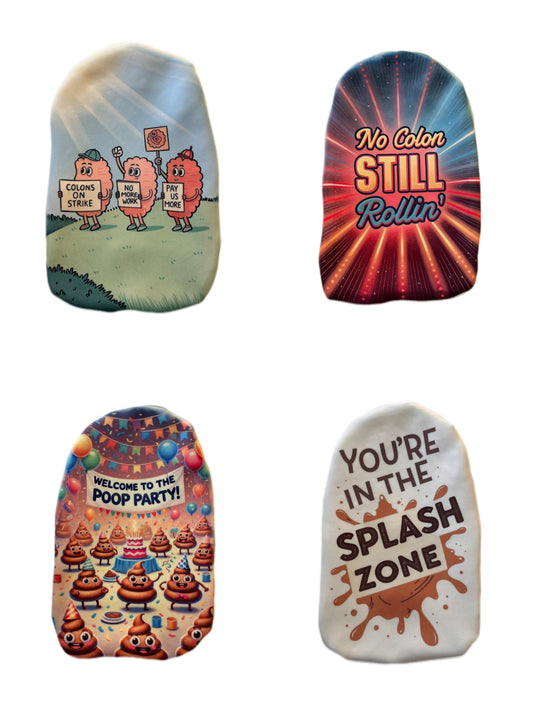 Four funny stoma bag covers by Stoma Styles featuring: cartoon colons on strike, “No Colon Still Rollin’” retro design, poop emoji party theme, and a splash zone warning.