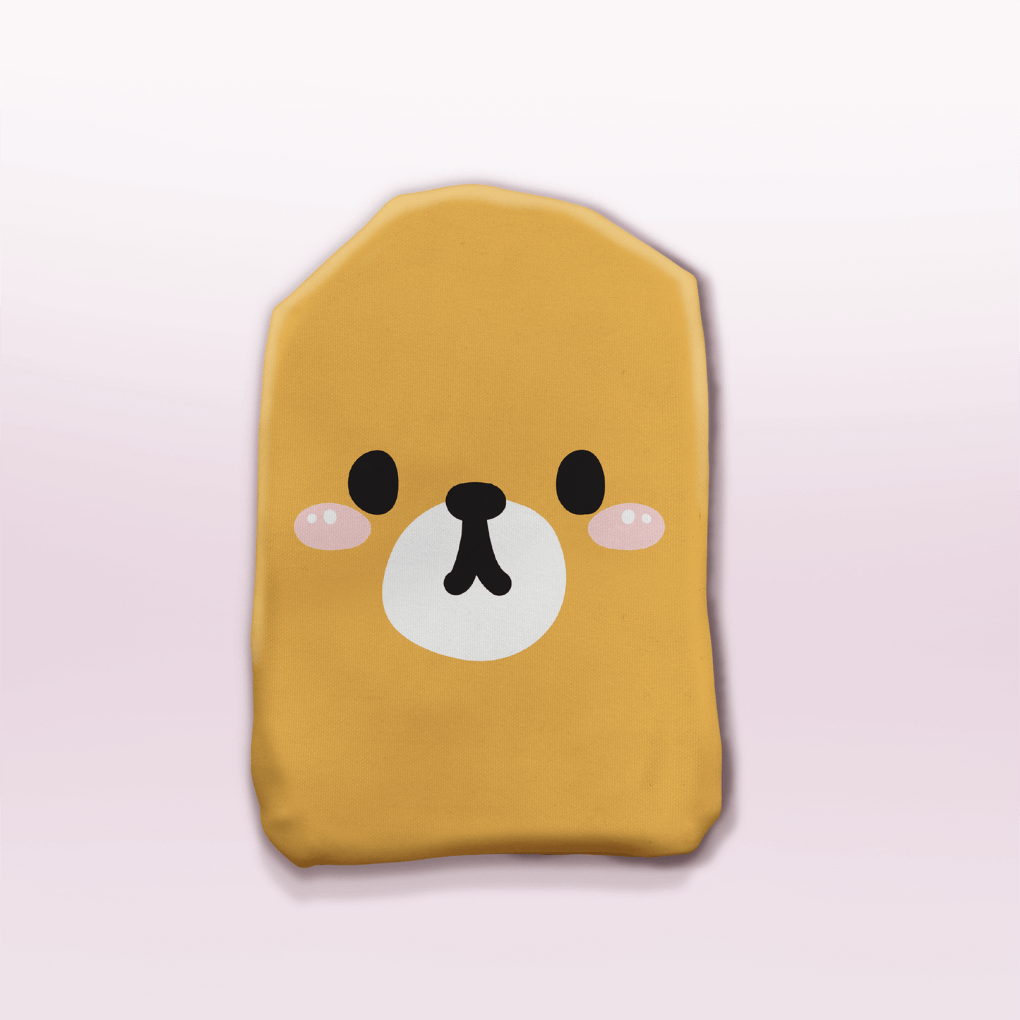 Funny bear stoma bag cover for ostomy wear – handmade reusable ostomy pouch cover from Stoma Styles, mustard yellow with cute bear face.