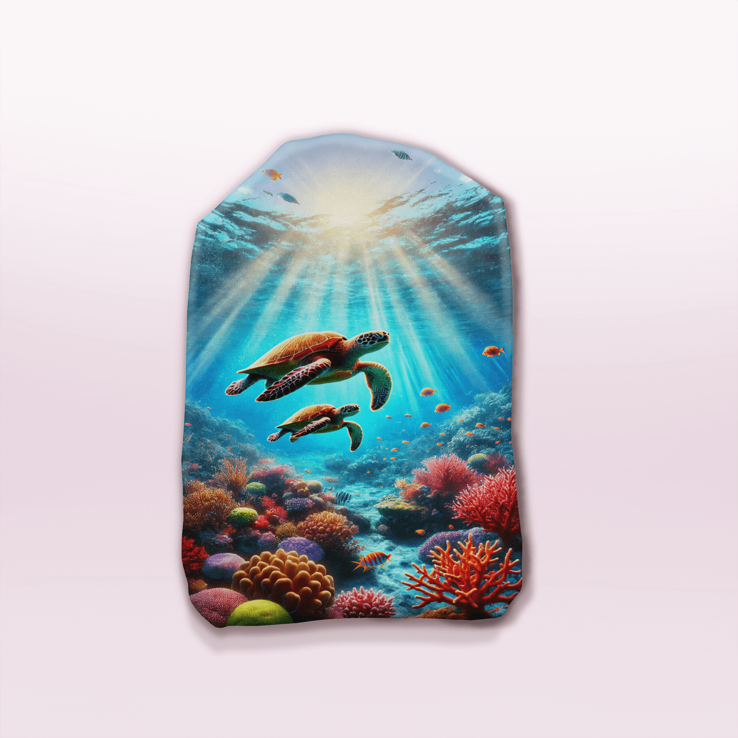 Ocean-inspired stoma bag cover with turtles swimming through turquoise waters — tranquil sea life accessory.