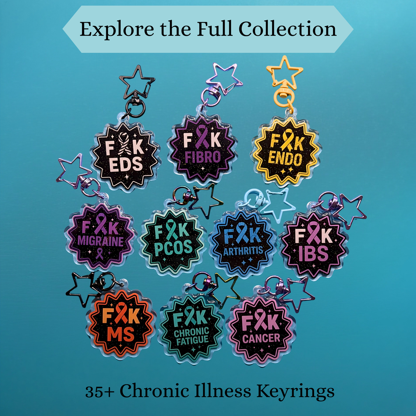 F*ck Chronic Fatigue Glitter Acrylic Keyring – Chronic Fatigue Awareness Keychain