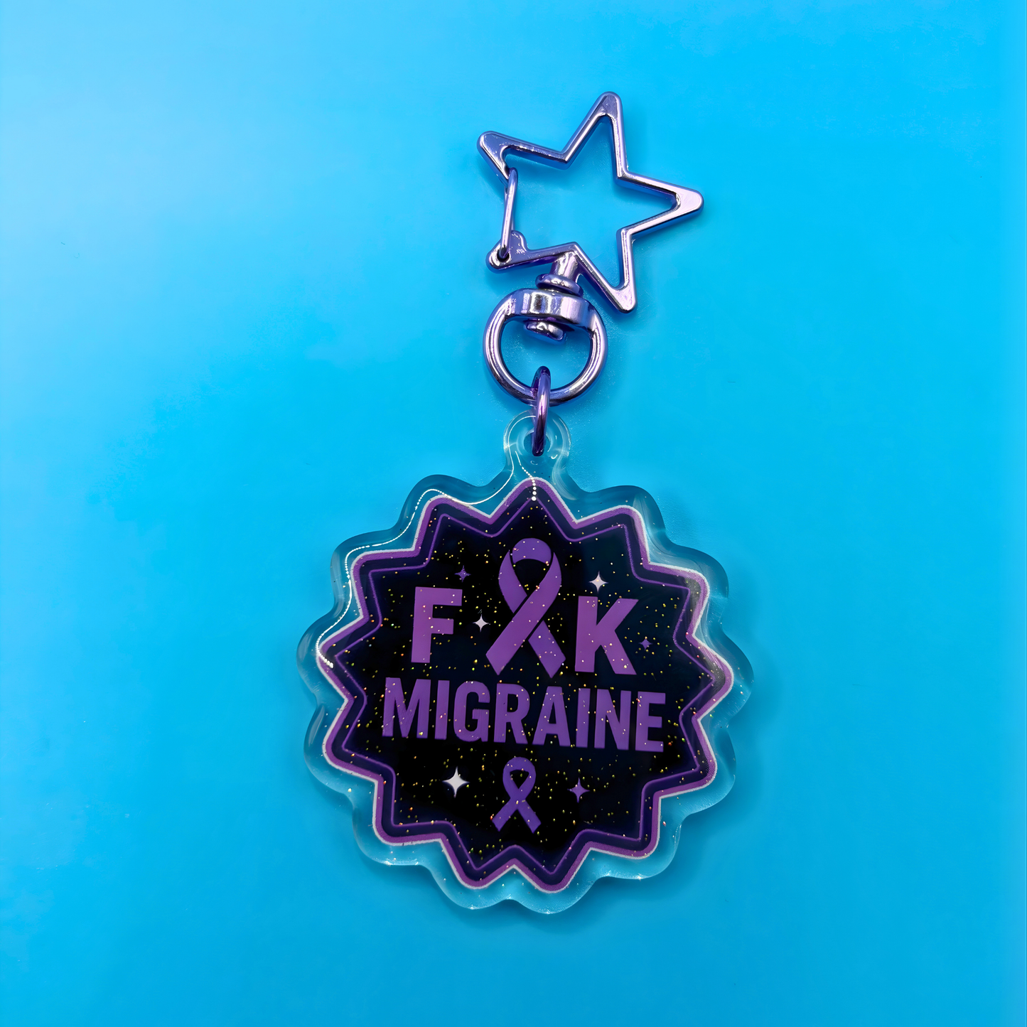 F*ck Migraine Glitter Acrylic Keyring – Migraine Awareness Keychain with Embedded Sparkle