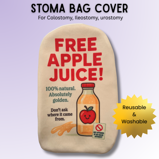 Humorous Free Apple Juice stoma bag cover for most colostomy, ileostomy & urostomy bags.