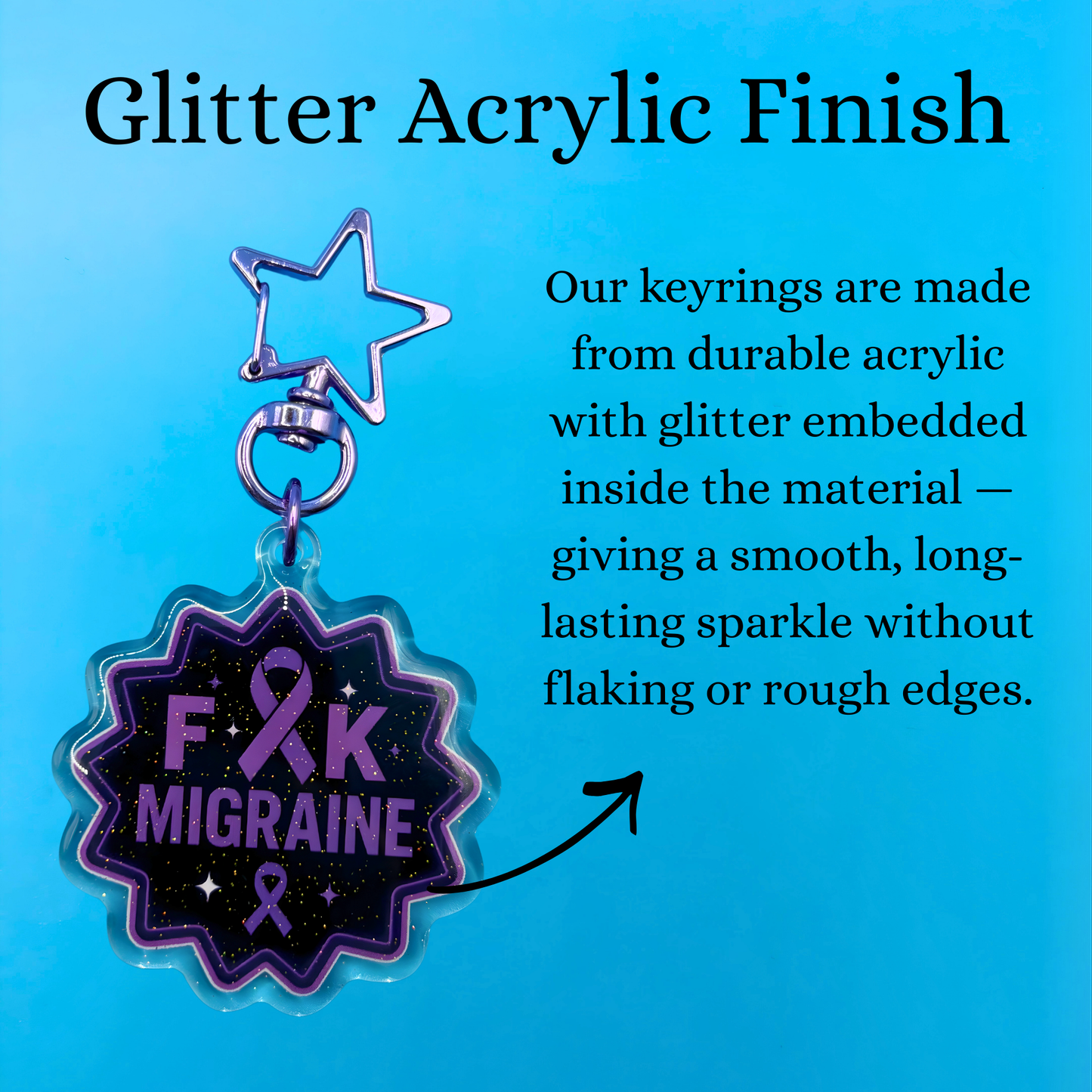 F*ck Migraine Glitter Acrylic Keyring – Migraine Awareness Keychain with Embedded Sparkle