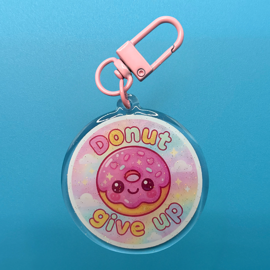 Donut Give Up Glitter Acrylic Keyring – Cute Motivational Donut Keychain