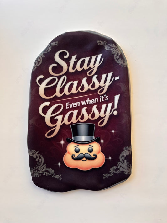Dark-toned stoma bag cover with "Stay Classy Even When Gassy" slogan – classy and comical ostomy pouch design.