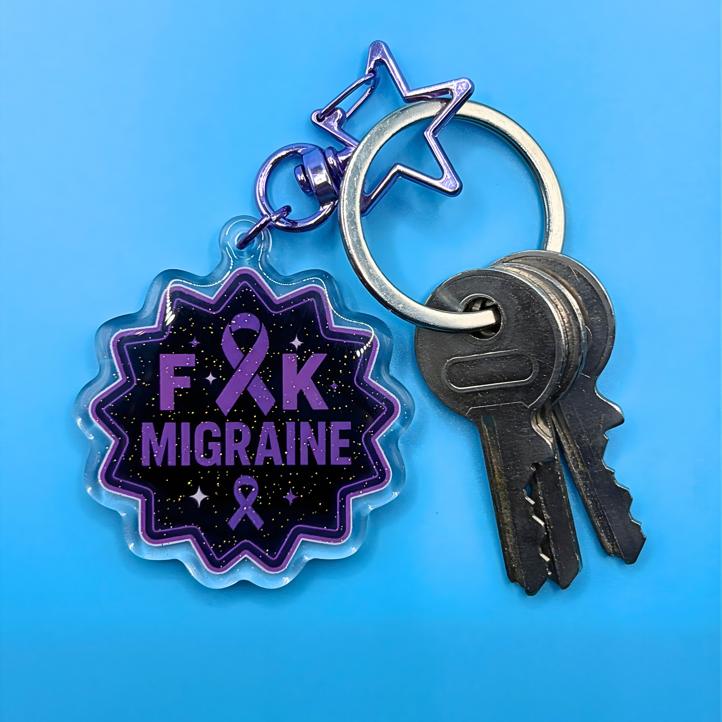 F*ck Migraine Glitter Acrylic Keyring – Migraine Awareness Keychain with Embedded Sparkle