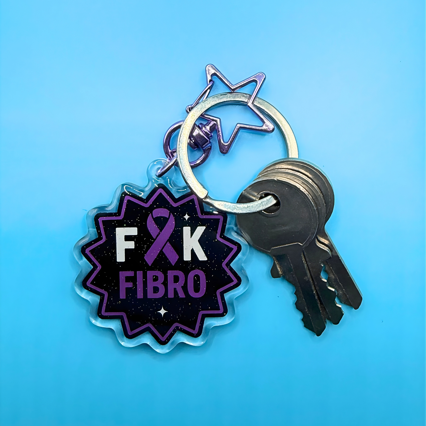 F*ck Fibro Glitter Acrylic Keyring – Fibromyalgia Awareness Keychain with Embedded Sparkle