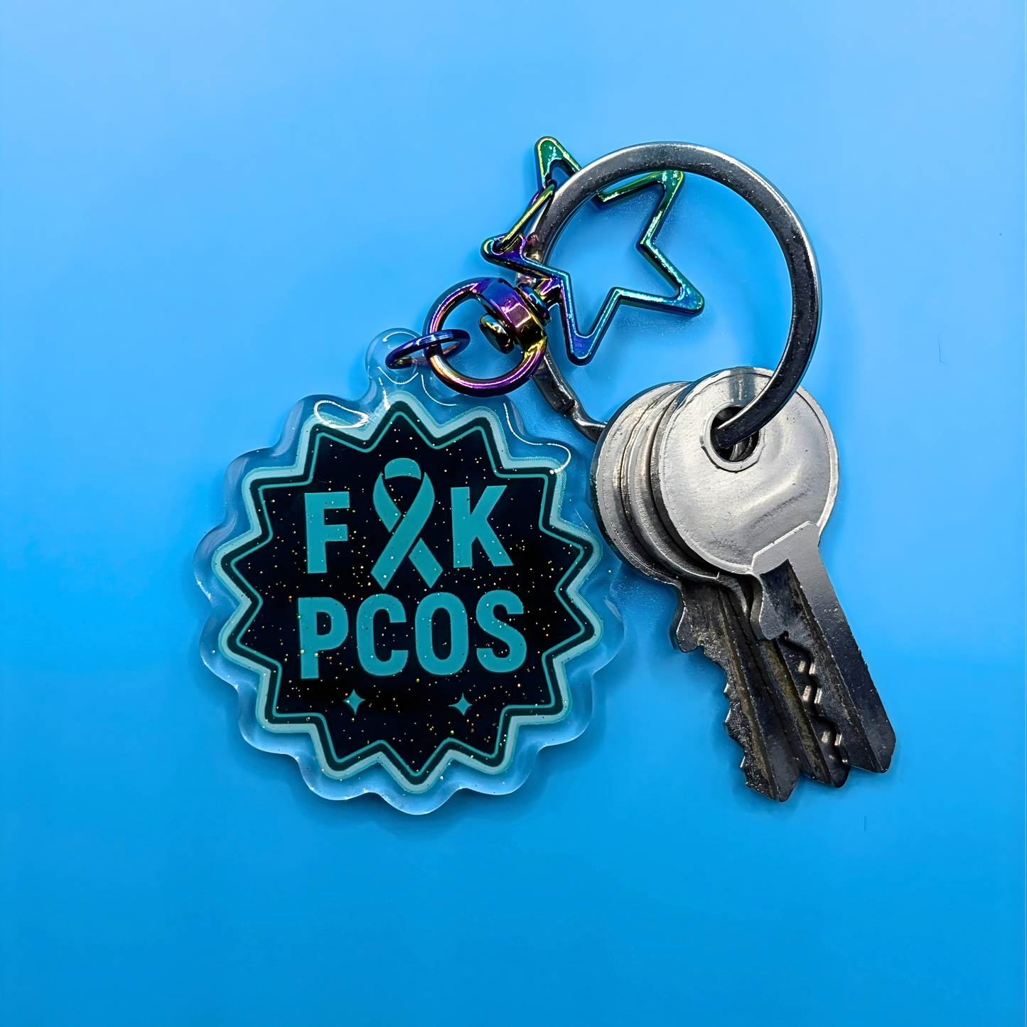 F*ck PCOS Glitter Acrylic Keyring – PCOS Awareness Keychain with Embedded Sparkle