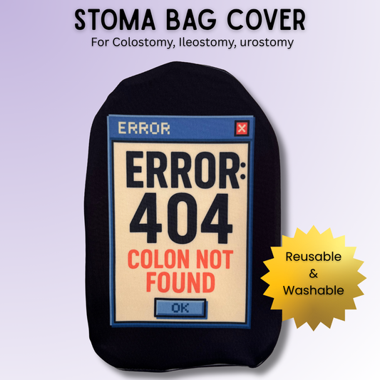 Geeky computer error design stoma bag cover for most colostomy, ileostomy & urostomy bags – Error 404 Colon Not Found.