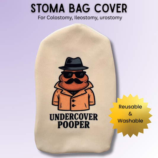 Spy trench coat poop emoji stoma bag cover for most colostomy, ileostomy & urostomy bags – Undercover Pooper.