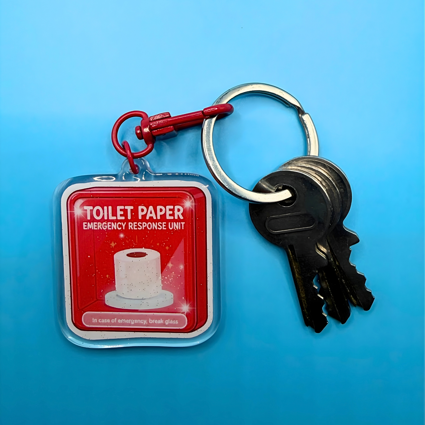 Toilet Paper Emergency Response Unit Glitter Acrylic Keyring – Funny Toilet Humour Keychain