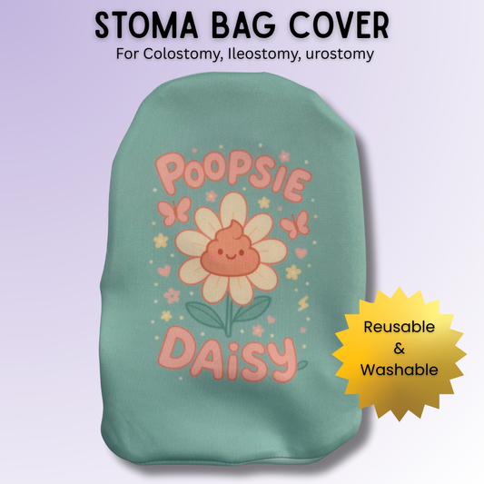 Cute floral stoma bag cover with poop emoji centre for most colostomy, ileostomy & urostomy bags – Poopsie Daisy.