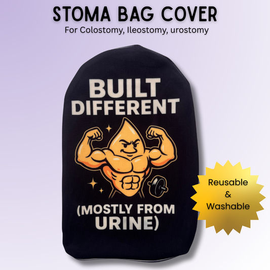 Quirky Built Different (Mostly From Urine) stoma bag cover for most colostomy, ileostomy & urostomy bags.