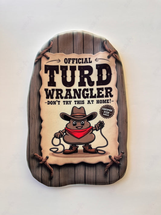 Western-style stoma pouch cover with "Turd Wrangler" print – funny ostomy bag cover for cowboy humor lovers.