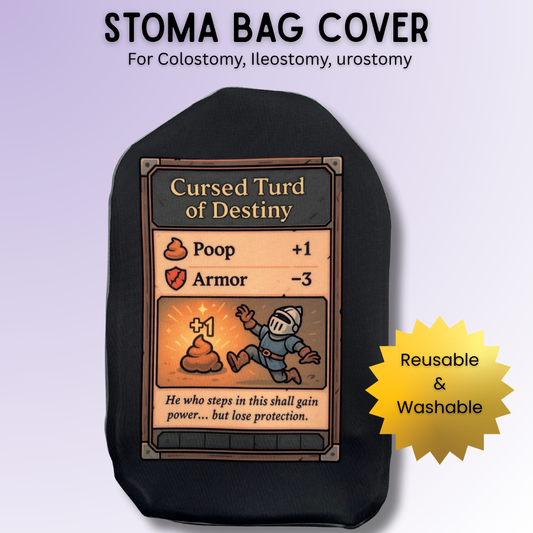 RPG fantasy card design stoma bag cover for most colostomy, ileostomy & urostomy bags – Cursed Turd of Destiny.