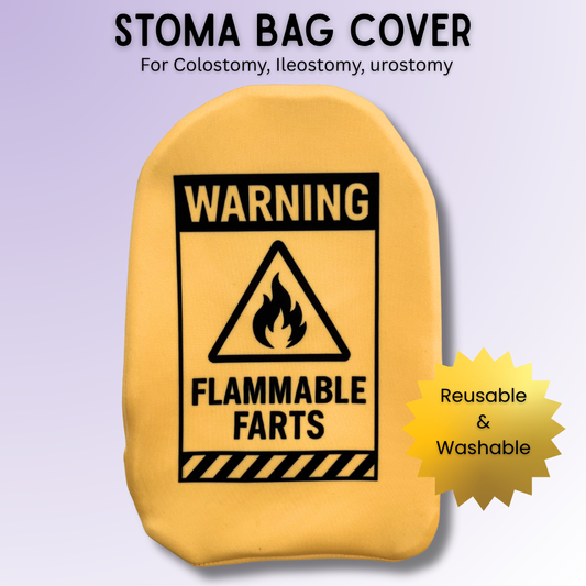 Bold hazard warning design stoma bag cover for most colostomy, ileostomy & urostomy bags – Flammable Farts.