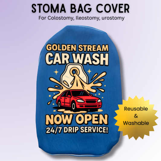 Humorous Golden Stream Car Wash stoma bag cover for most colostomy, ileostomy & urostomy bags.