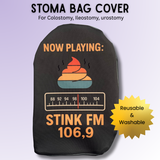 Retro radio design funny stoma bag cover for most colostomy, ileostomy & urostomy bags – Stink FM.