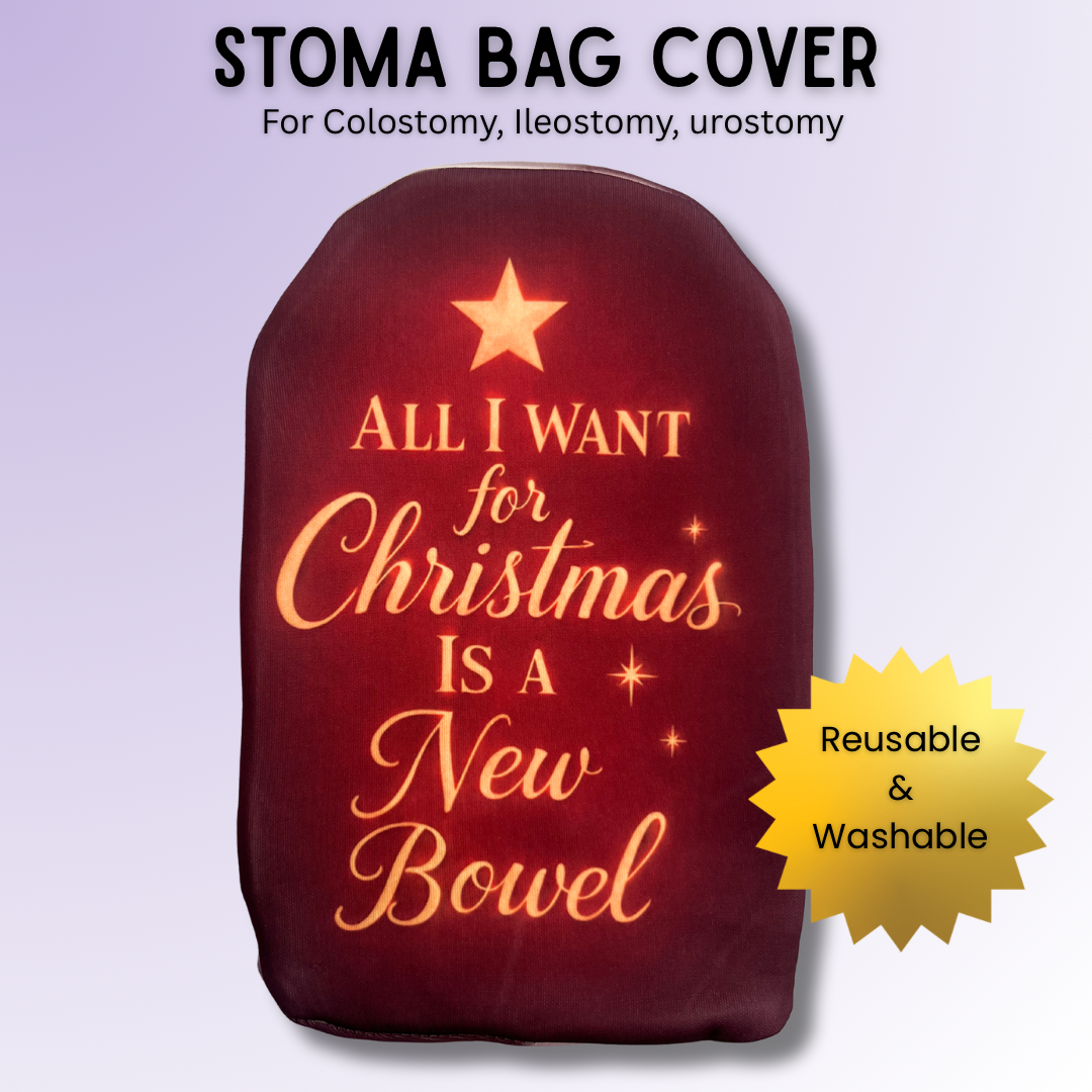 All I Want for Christmas Is a New Bowel stoma bag cover with red holiday background – funny festive ostomy cover gift.