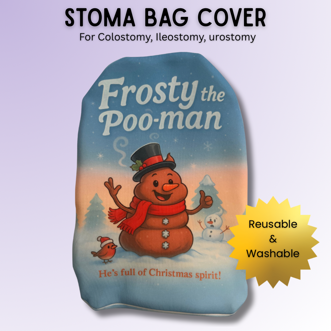Frosty the Poo-man funny stoma bag cover with snowman design and humorous Christmas twist – festive ostomy cover.
